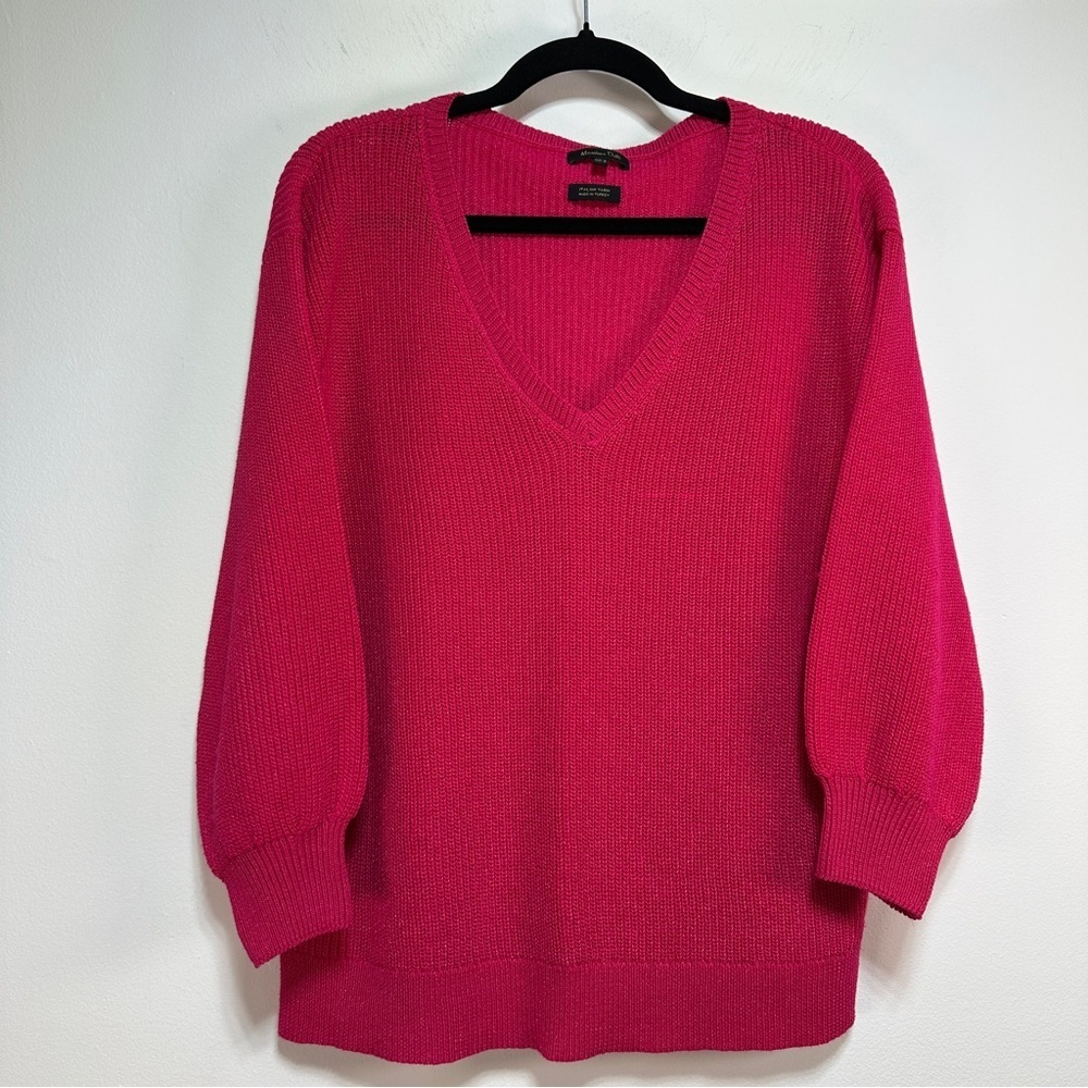 Massimo Dutti Pink V Neck Knit Sweater M Balloon Sleeve Pullover